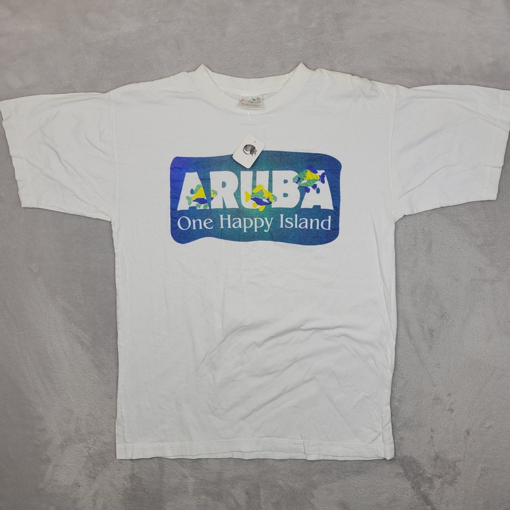 Vintage Aruba Shirt Mens Large White Paradise Happy Island Fish 90s Souvenir Y2K